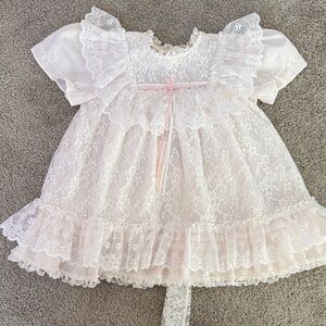 Mothercare Vintage white Lace Baby Dress with Pink Ribbon - size 24 / xl